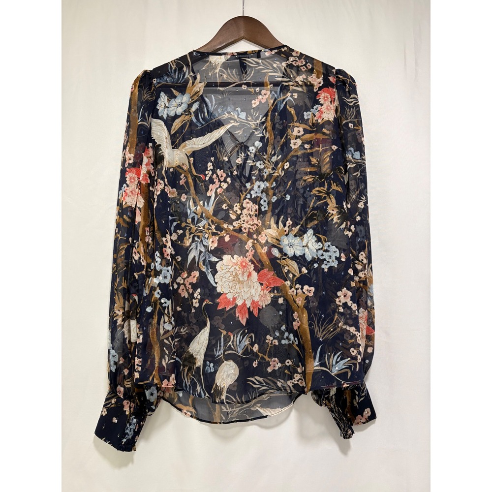 White House Black Market Women's M Navy Floral Bird Sheer Blouse Metallic - Picture 2 of 10